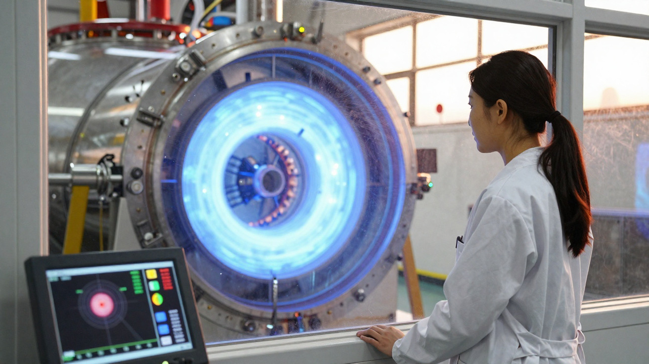 Forscherin in weißem Kittel beobachtet leuchtendes High-Tech-Gerät durch Glasscheibe in Laborumgebung.