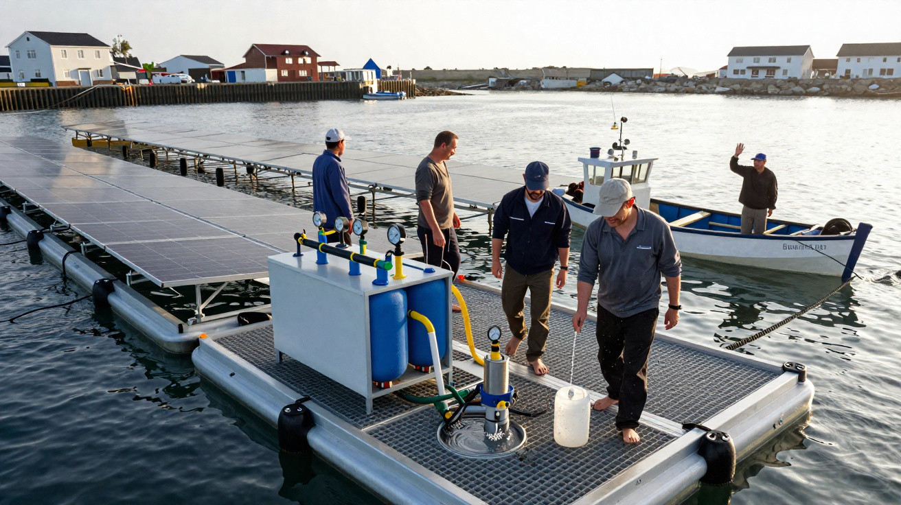 Mehrere Männer auf einer Plattform mit Solarpanelen auf Wasser, ein Boot und Häuser im Hintergrund.