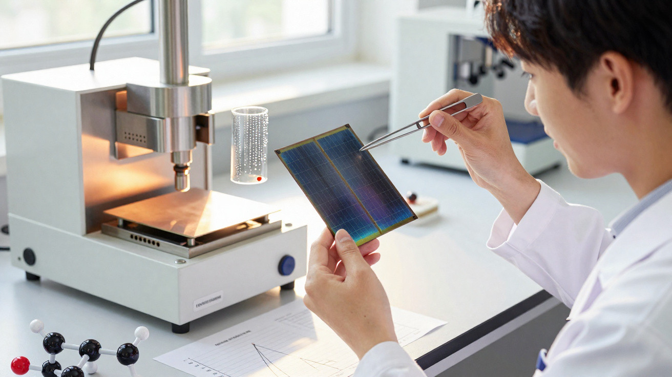 Forscher untersucht Wafer mit Pinzette im Labor mit Mikroskop und chemischen Modellen im Vordergrund.