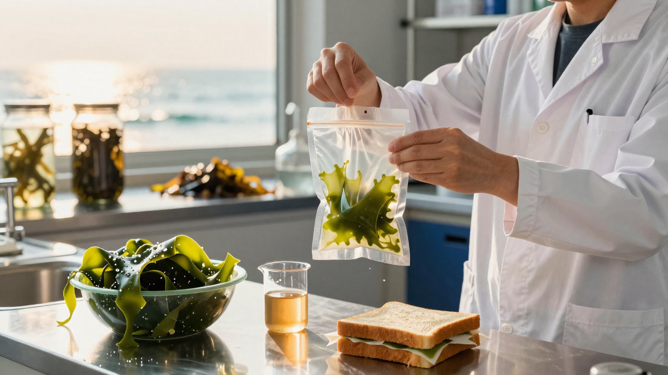 Person im Labor untersucht grüne Algen in einer Plastikbeutelprobe auf einem Edelstahltisch mit Sandwich.