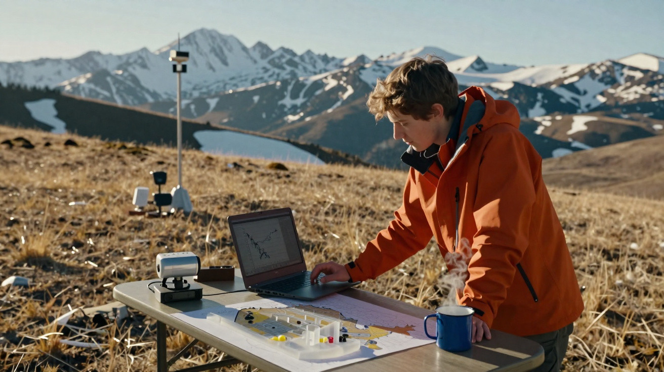 Person in orangener Jacke arbeitet an Laptop mit Modellen und Karte auf Feldtisch in Berglandschaft.