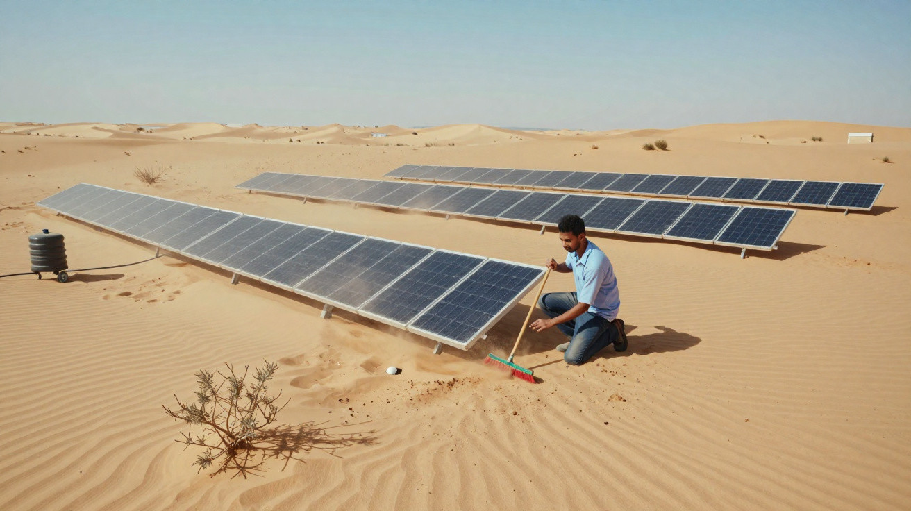 Mann reinigt Solarpanels mit Besen in einer Wüstenlandschaft unter klarem Himmel.