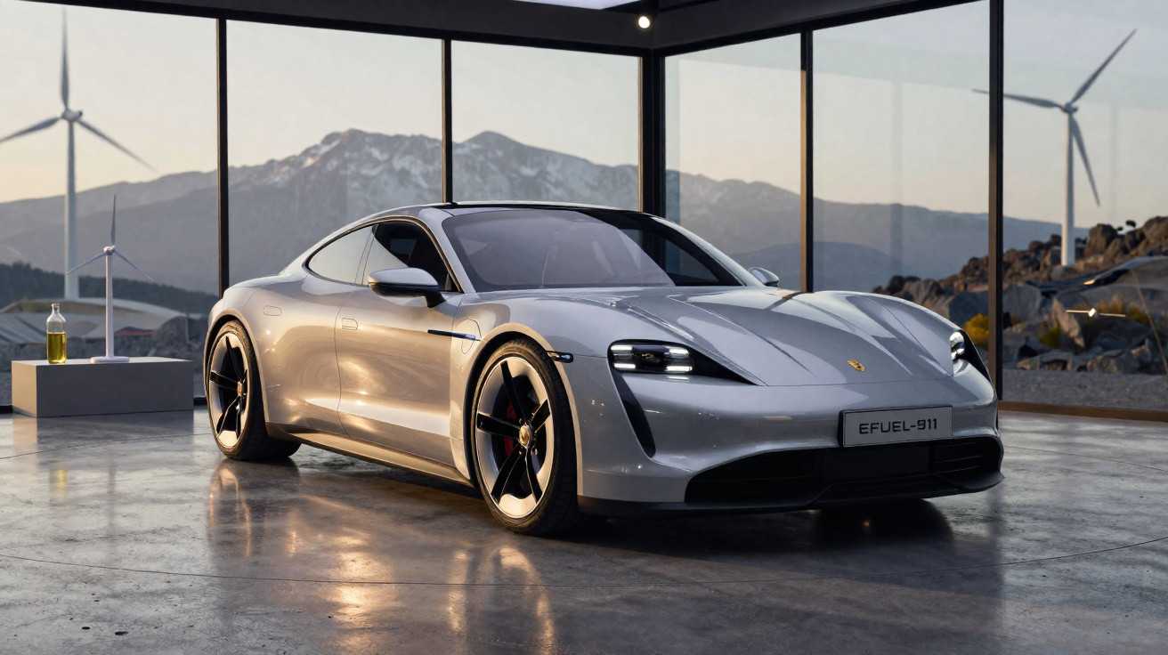Silberner Porsche E-Fuel 911 Sportwagen in moderner Glasgarage mit Windrädern und Bergen im Hintergrund.