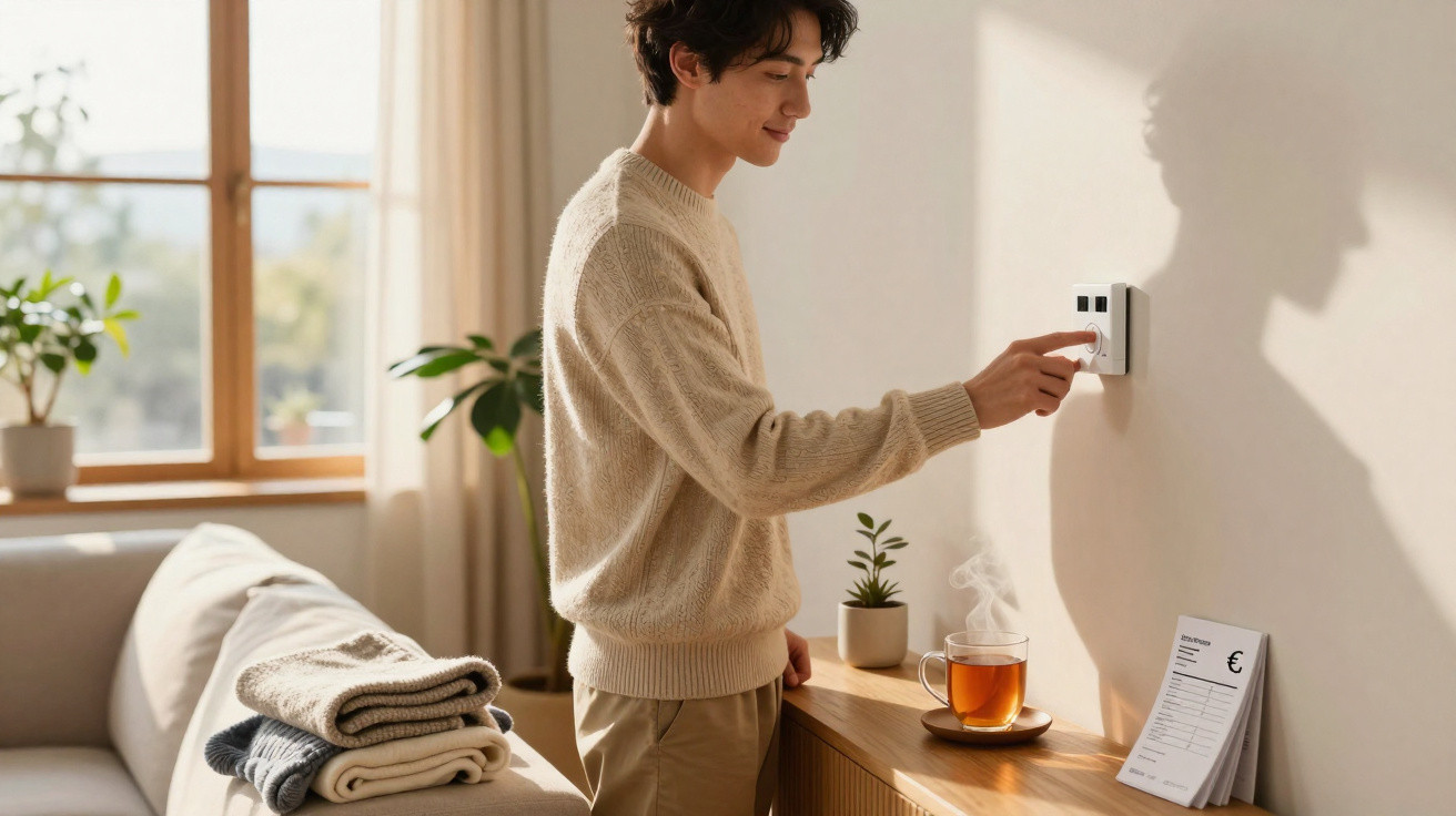 Junger Mann stellt Raumtemperatur mit Thermostat an der Wand in modernem Wohnzimmer ein.
