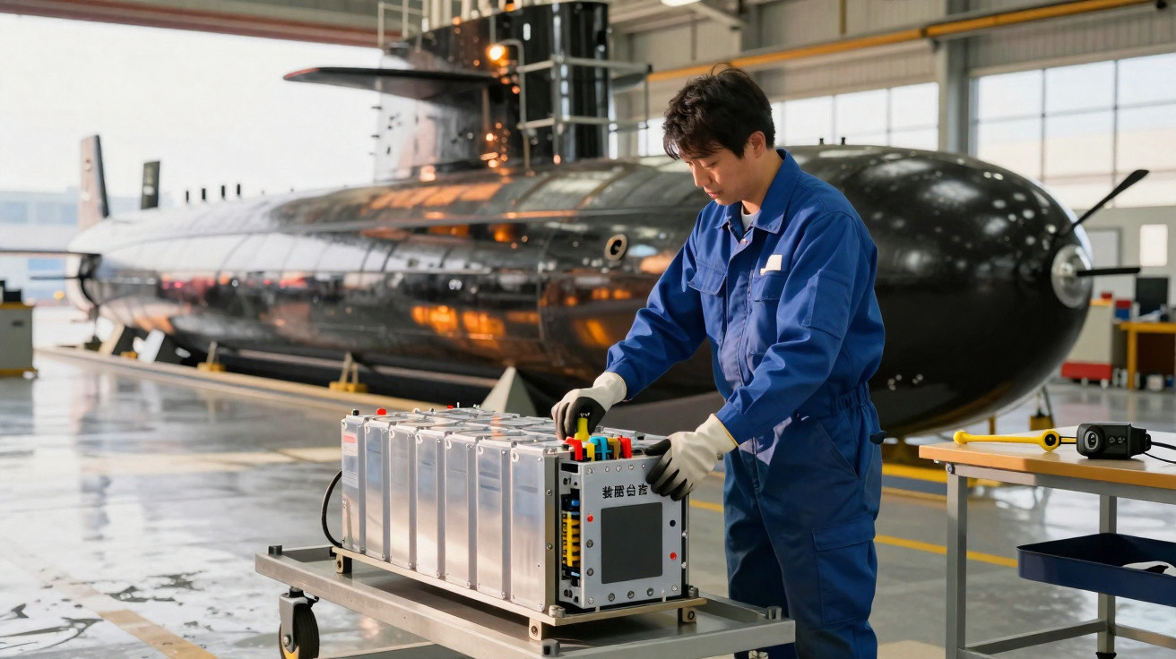 Techniker in blauer Arbeitskleidung überprüft Batterie vor U-Boot in industrieller Halle.