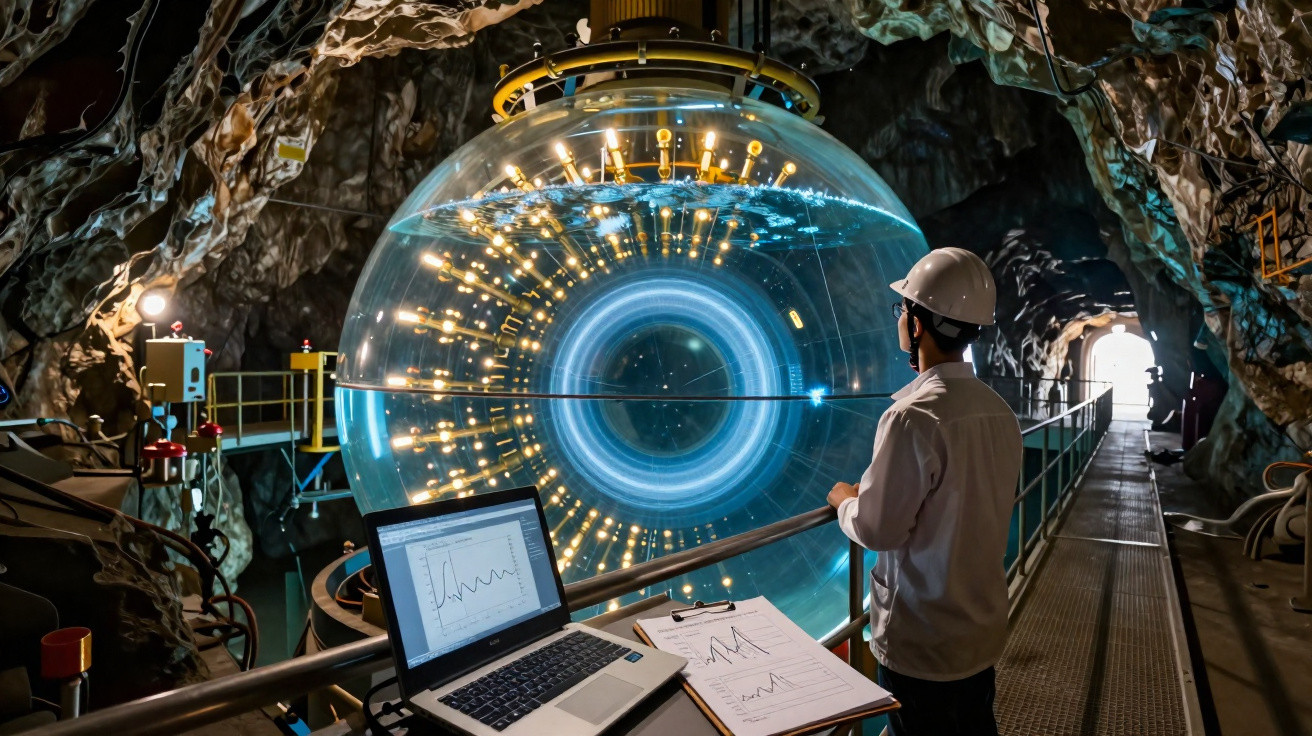 Ingenieur mit Helm beobachtet experimentelle Flüssigmetallkugel in unterirdischem Labor mit Computer und Diagrammen.