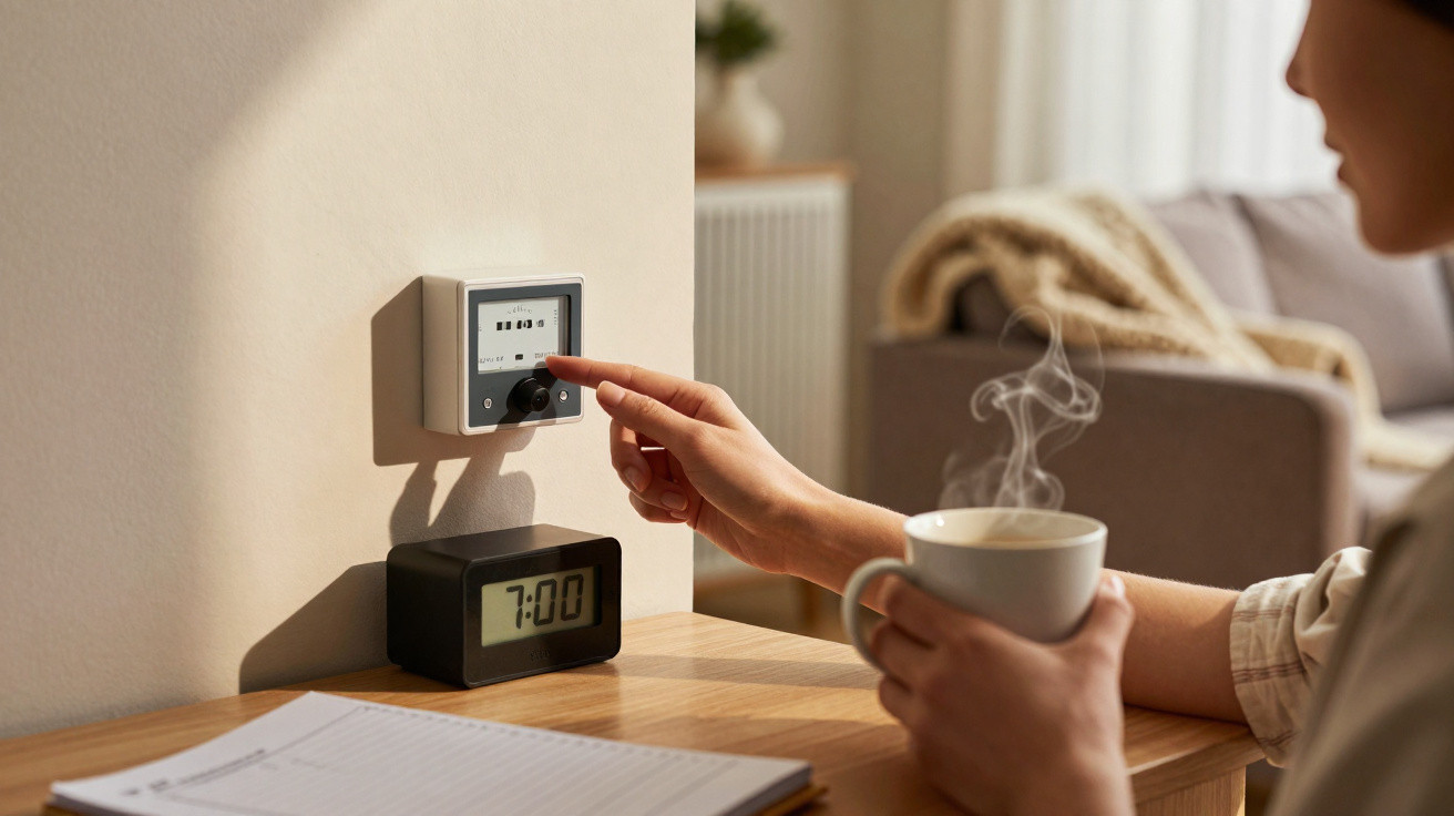 Person stellt Thermostat an der Wand ein, hält dampfende Tasse und sitzt am Tisch mit Wecker und Kalender.