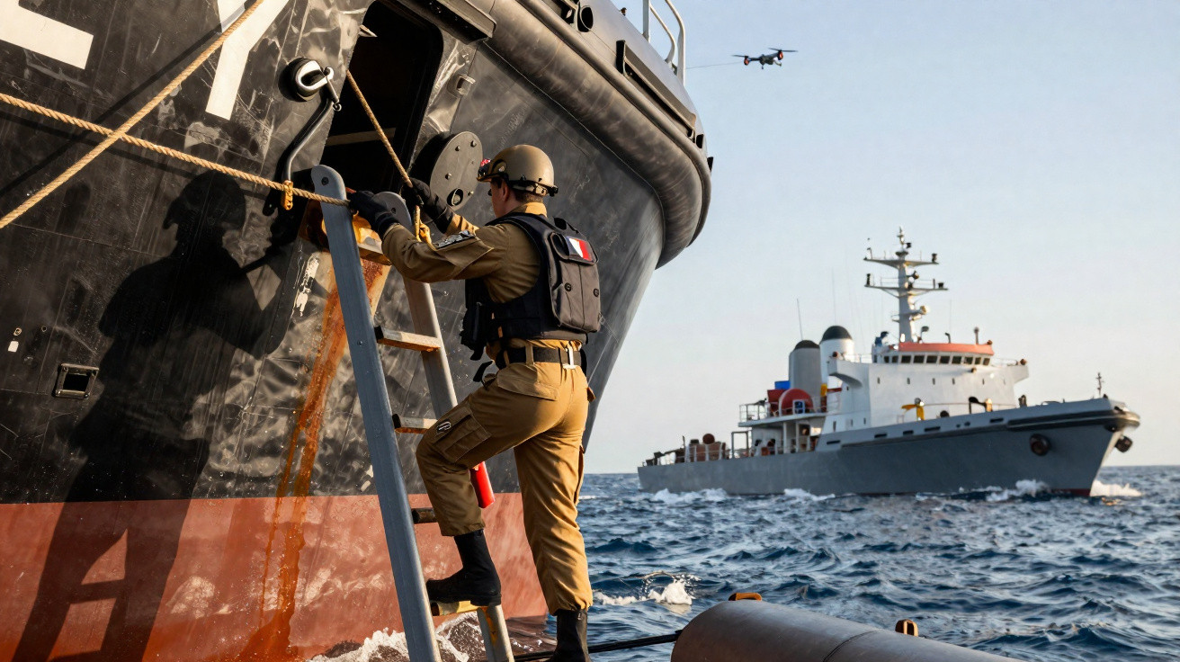 Soldat steigt über Leiter auf Schiffskörper, Drohne fliegt, Marineschiff im Meer im Hintergrund.