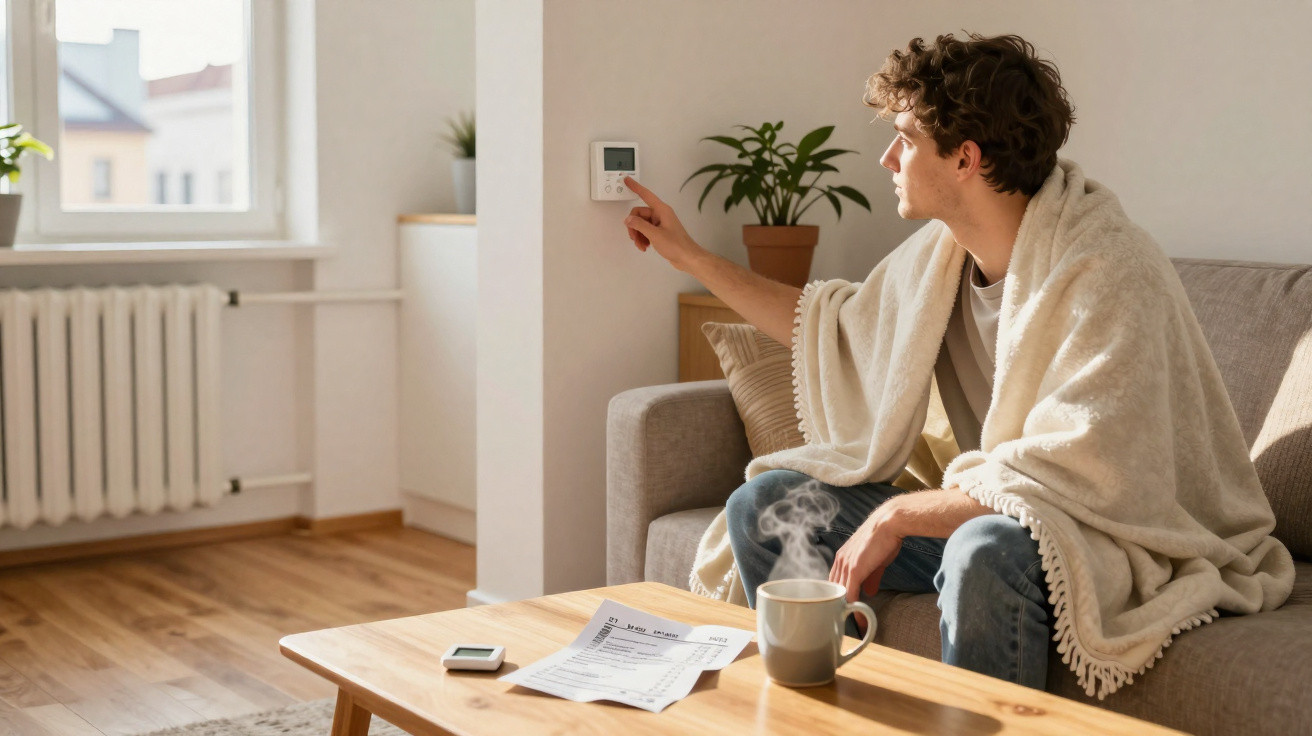 Junger Mann mit Decke bedient Thermostat in Wohnzimmer neben dampfender Tasse auf Holztisch.