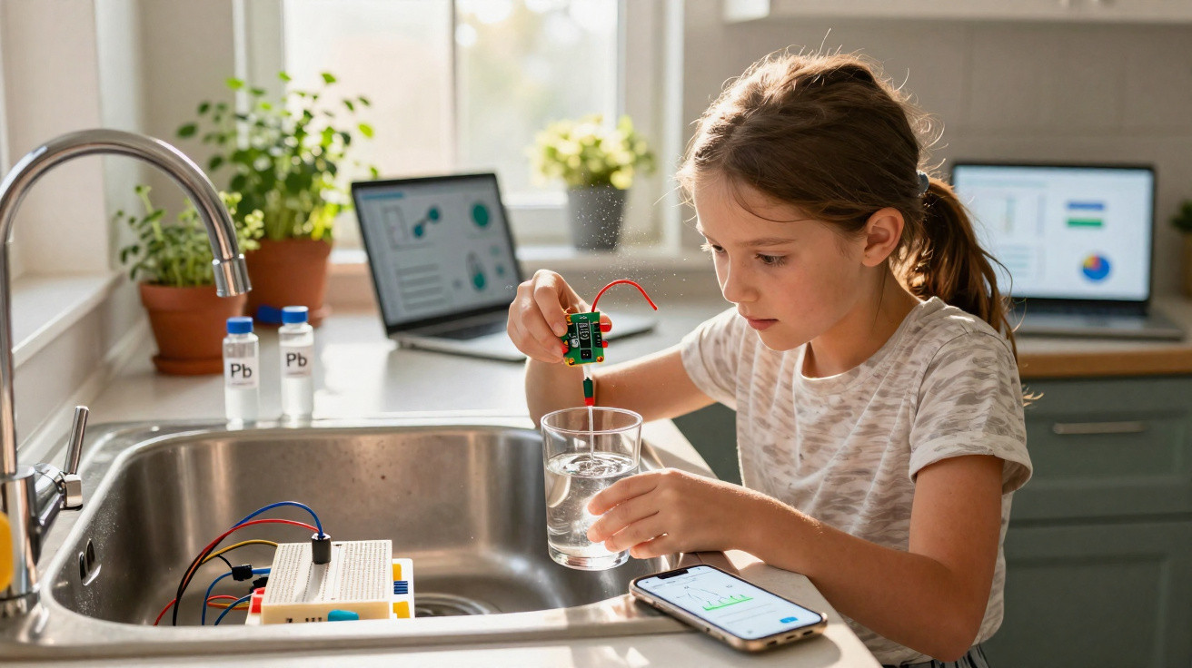Mädchen testet mit Elektronik und Smartphone die Wasserqualität in der Küchenspüle.