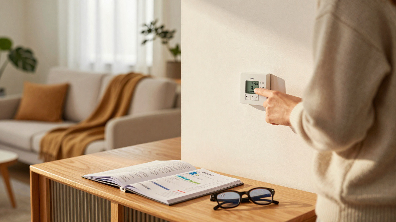 Person stellt digitale Heizungsthermostat in modern eingerichtetem Wohnzimmer mit Sofa und Zeitung ein.