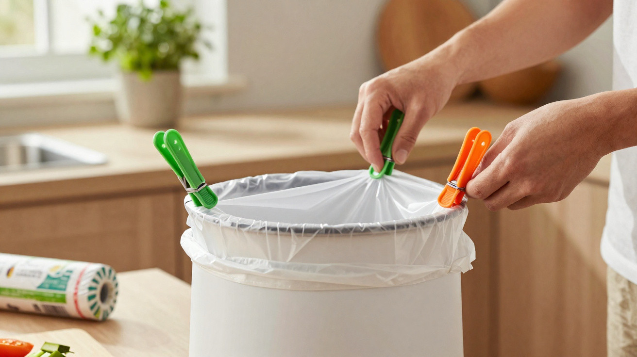Person befestigt eine Mülltüte mit grünen und orangen Wäscheklammern an einem weißen Mülleimer.