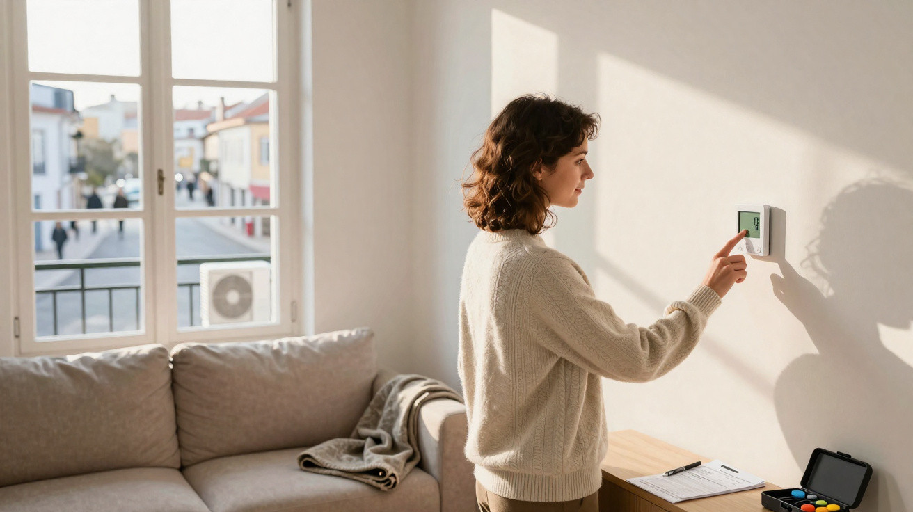 Frau stellt in hellem Wohnzimmer an der Wand einen digitalen Thermostat ein.