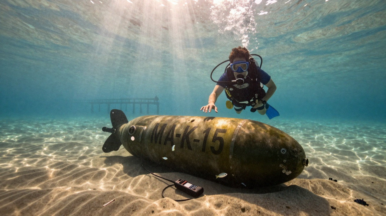 Taucher erkundet unter Wasser eine große alte militärische Bombe am Meeresboden.