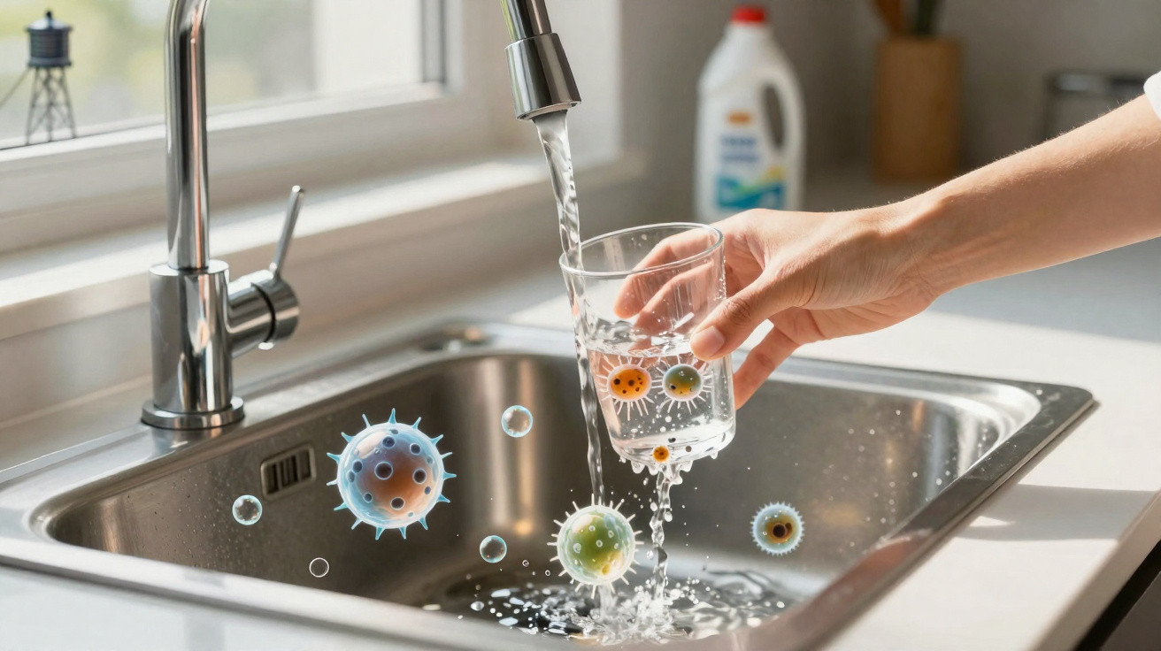 Wasserglas wird unter fließendem Wasser in der Küchenspüle gefüllt, Viren als Grafik dargestellt.