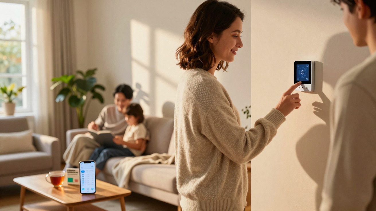 Frau stellt Thermostat an der Wand, im Hintergrund sitzen Mutter und Kind auf dem Sofa im Wohnzimmer.