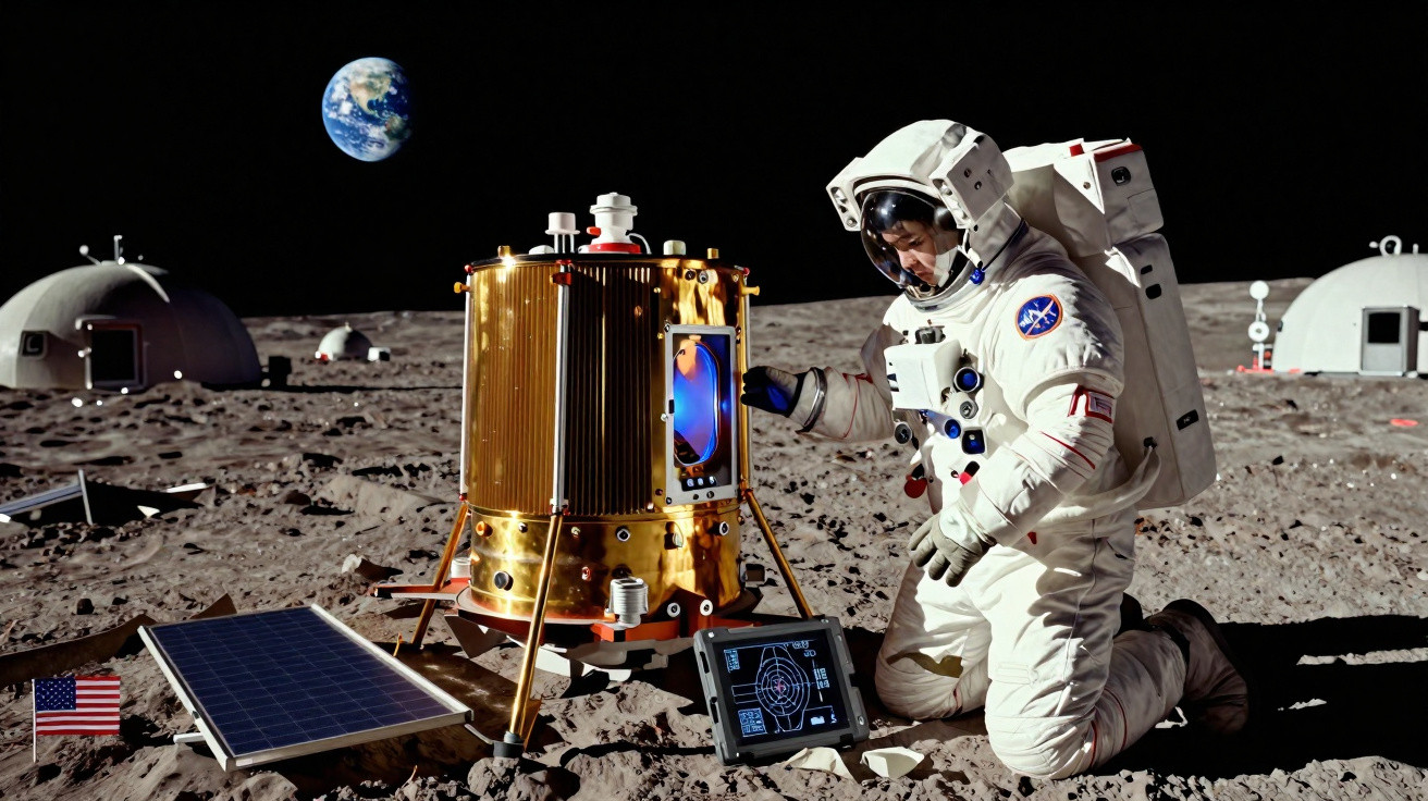Astronaut in Raumanzug arbeitet an wissenschaftlichem Gerät auf Mondoberfläche mit Erde im Hintergrund.
