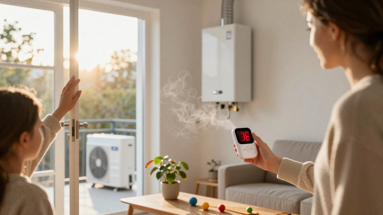 Frau hält digitales Thermometer zeigt 36,7°C, Kind öffnet Tür, sonniger Wohnraum mit Heizgerät und Sofa im Hintergrund.