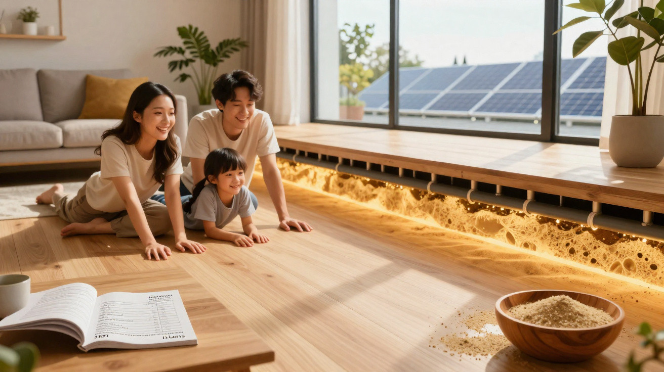 Familie mit Kind liegt auf dem Boden und schaut neugierig auf beleuchteten Sand unter dem Glasboden.