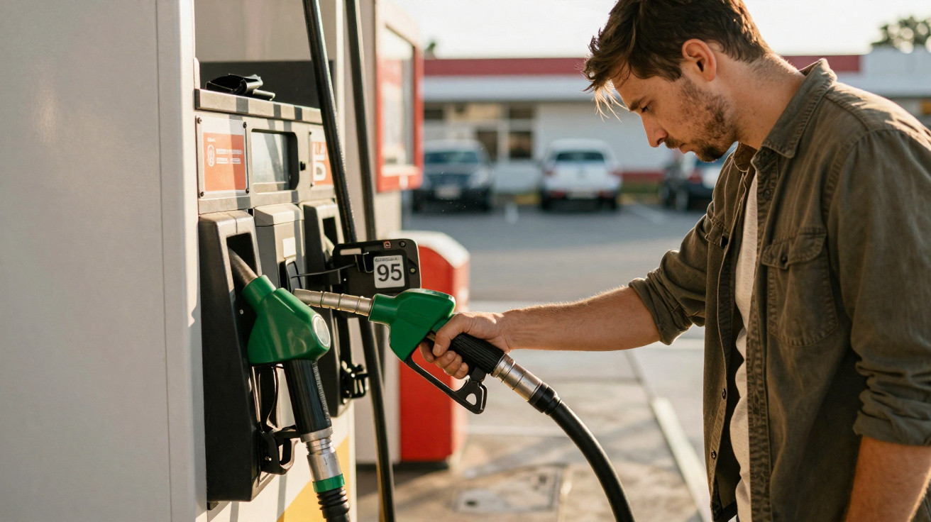 Mann tankt Auto an Zapfsäule mit grünem Benzin-Zapfhahn an sonniger Tankstelle.