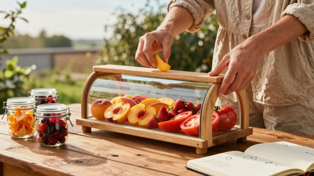 Person legt Pfirsichstück in Holzbrotkasten mit frischem Obst auf Gartentisch, daneben Marmeladengläser und Notizbuch.