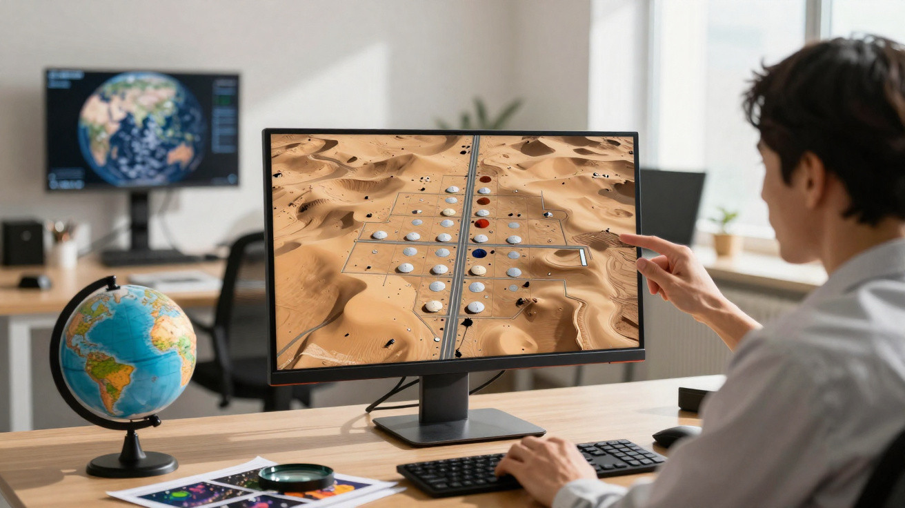 Person betrachtet auf Bildschirm eine virtuelle Simulation einer Wüstenlandschaft mit Gebäuden am Schreibtisch mit Globus.