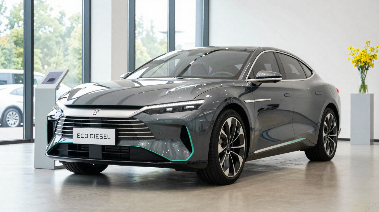 Graues modernes Elektroauto mit ECO DIESEL-Schild in hellem Ausstellungsraum vor Fensterfront.