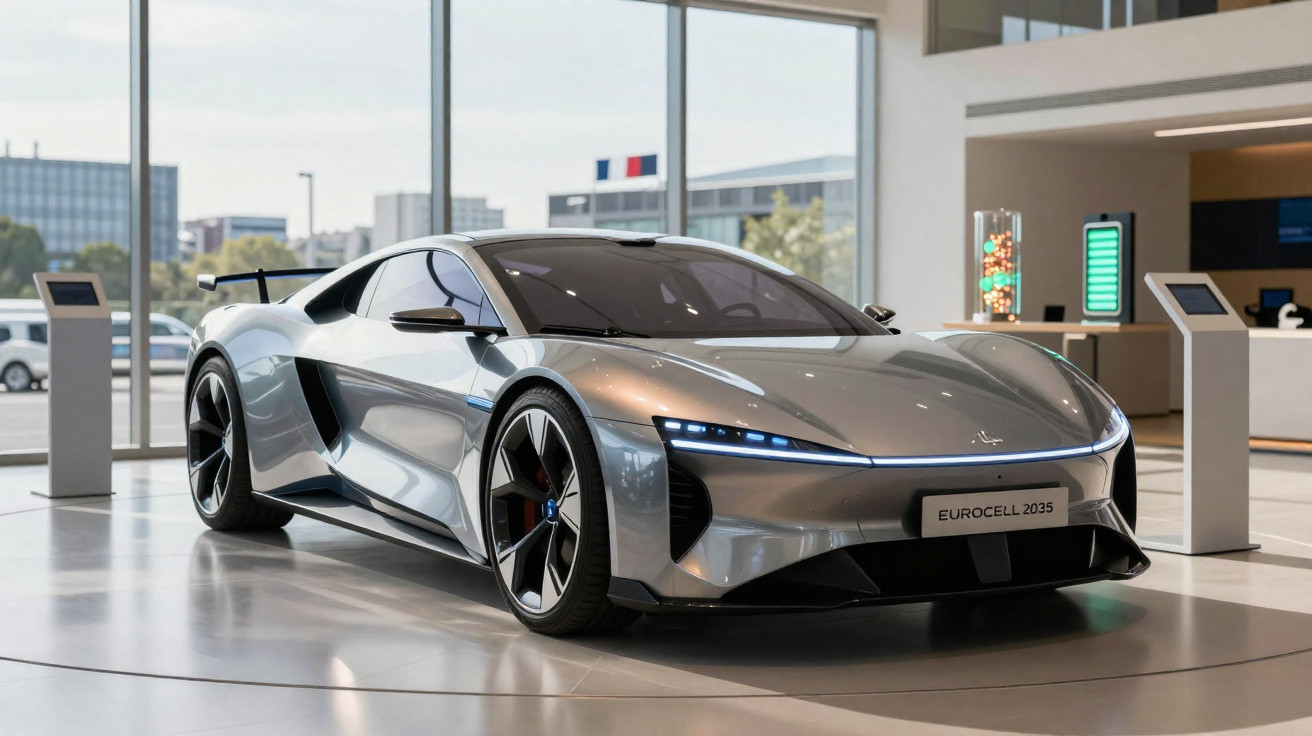 Silberner futuristischer Sportwagen Eurocell 2035 in einem modernen Showroom mit großen Fenstern.