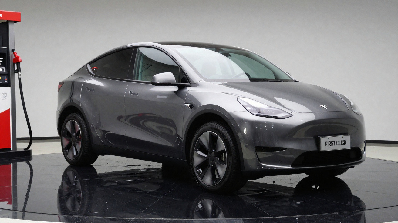 Grauer Tesla Model Y Elektro-SUV steht in Innenraum nahe Ladestation auf glänzendem Boden.