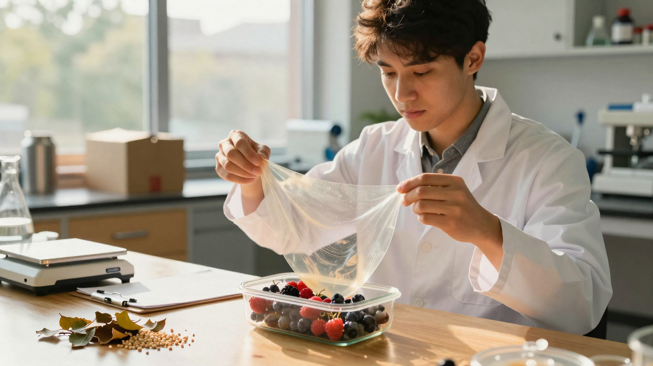 Junger Wissenschaftler in weißem Kittel untersucht transparente Folie über Beeren in Laborumgebung.