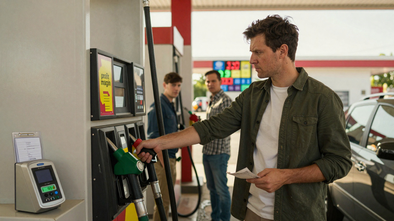 Mann tankt Auto an Zapfsäule an einer Tankstelle, im Hintergrund stehen zwei weitere Männer.
