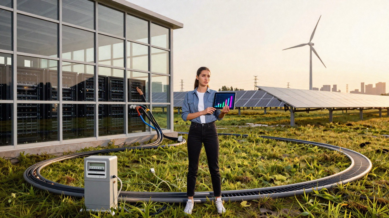 Frau mit Tablet vor Solarpaneelen und Windrad, umgeben von Kabeln und Gras auf grünem Energiegelände.