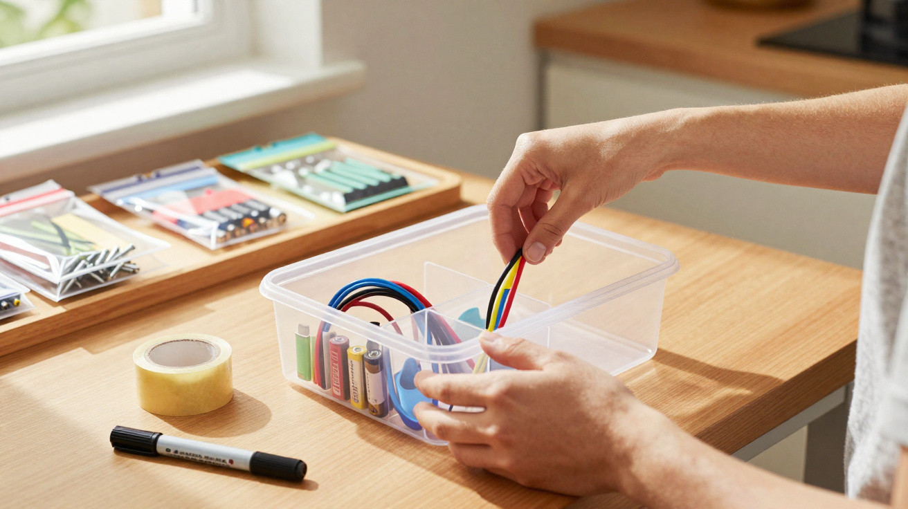 Person sortiert bunte Kabel und Batterien in transparenten Aufbewahrungsbox auf Holztisch.