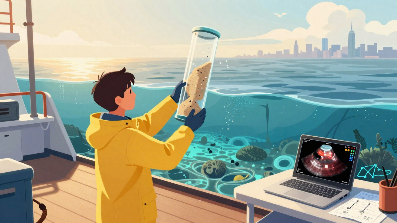 Ein Forscher auf einem Boot untersucht eine Sandprobe, im Wasser liegen Meeresschnecken und Müll, Laptop zeigt Ultraschall.