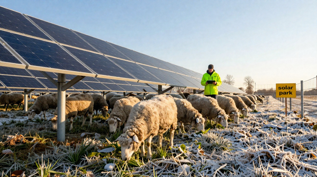 Schafe grasen unter Solarpaneelen auf frostbedecktem Boden, Person mit Tablet im Solarpanel-Park.