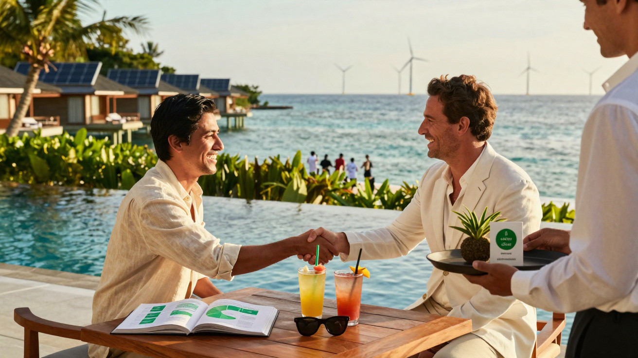 Zwei Männer in heller Kleidung schütteln Hände am Pool mit Cocktails, Windrädern und Solarpanels im Hintergrund.