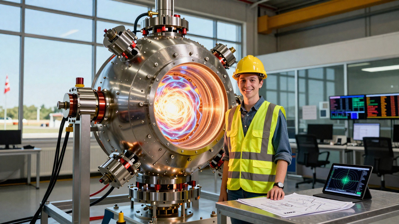 Junger Ingenieur mit Schutzhelm und Warnweste neben neuartiger Plasma-Maschine im modernen Labor.