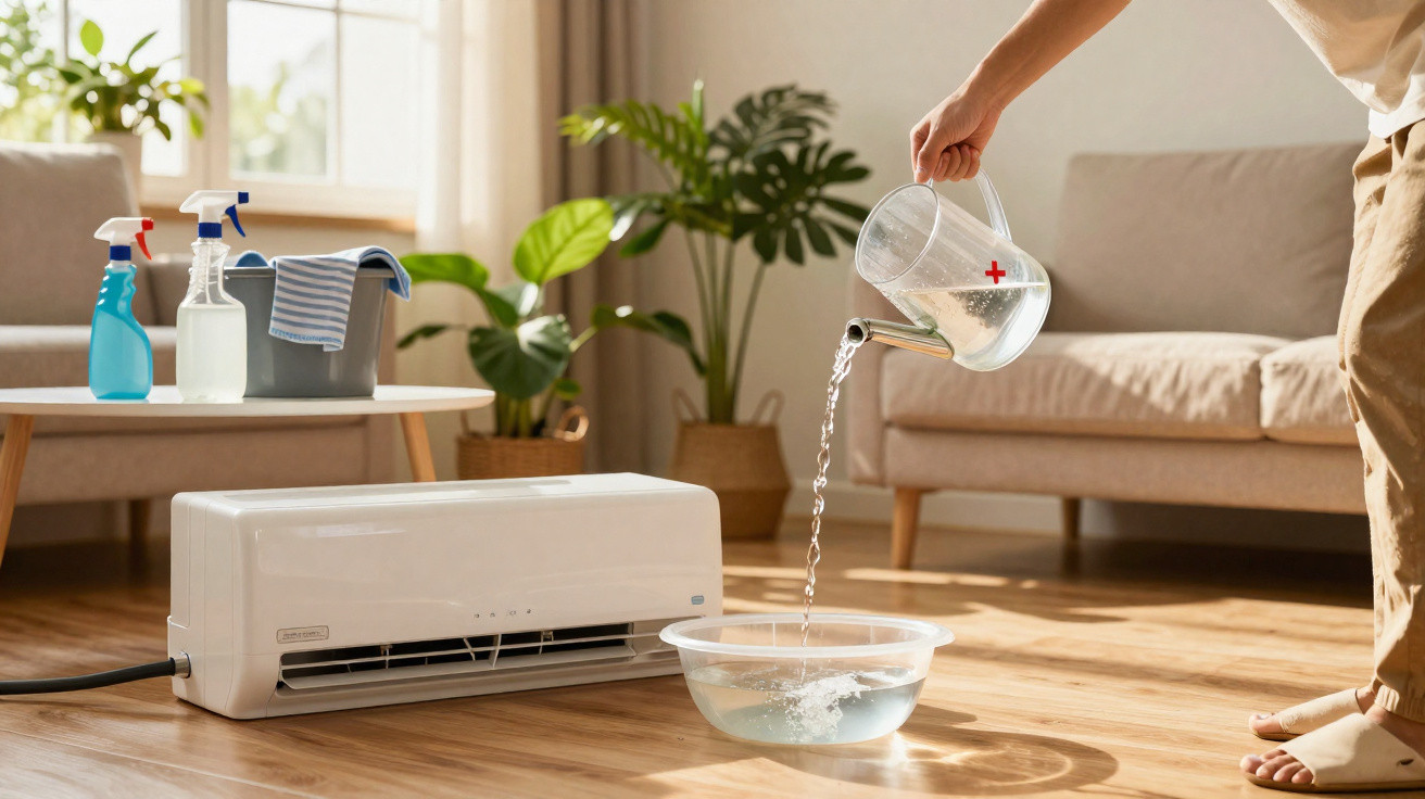 Wasser wird aus einem Messbecher in eine Schüssel vor einer geöffneten Klimaanlage in einem Wohnzimmer gegossen.