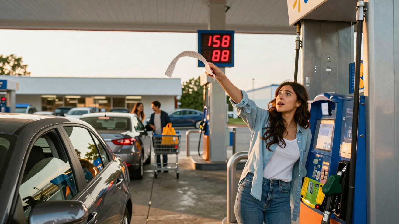 Frau an Zapfsäule an Tankstelle hebt Kassenzettel, hinten Autos und eine digitale Preisanzeige.