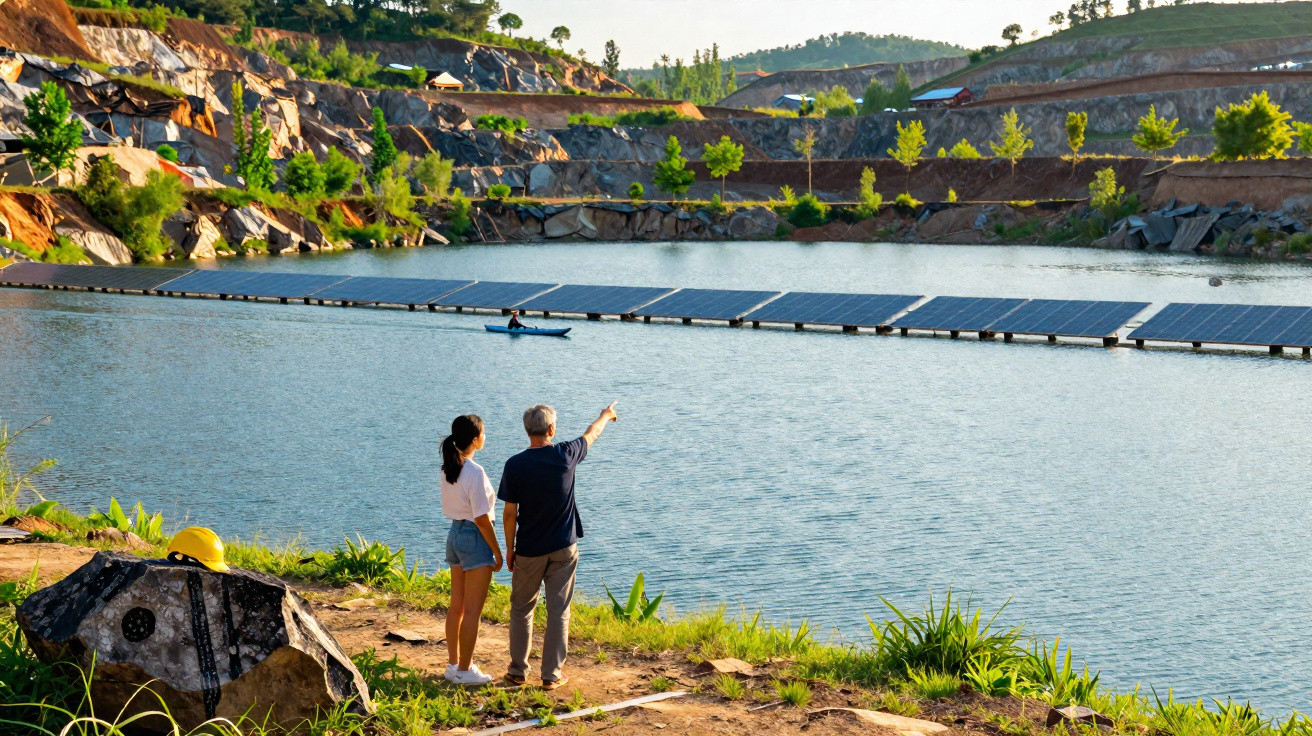 Zwei Personen stehen am Seeufer und schauen auf schwimmende Solarmodule auf dem Wasser in einer bewaldeten Landschaft.
