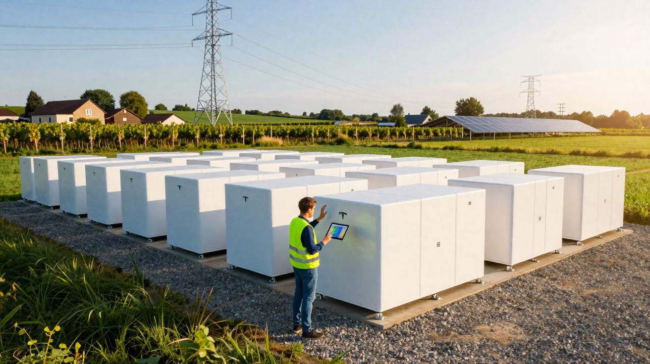 Mann mit Warnweste bedient Tablets vor großen weißen Batteriespeichern in ländlicher Umgebung.
