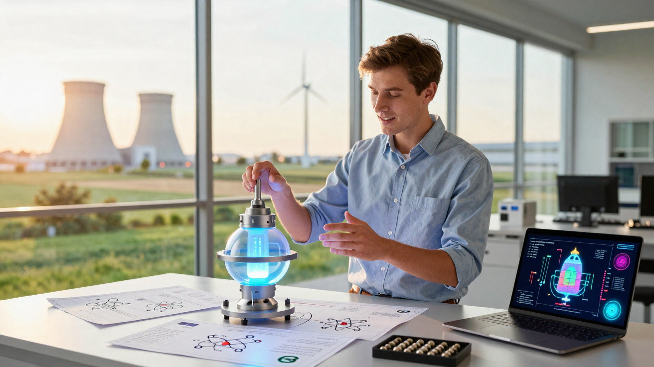Junger Wissenschaftler untersucht leuchtendes Modell eines Reaktors im Labor mit Laptop und technischen Zeichnungen.