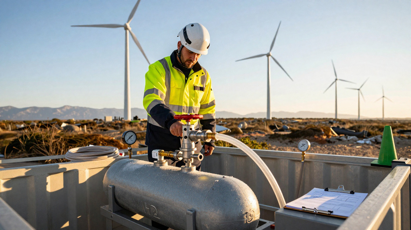 Techniker in Warnschutzkleidung bedient Ventil an Industrietank vor Windkraftanlagen bei Sonnenuntergang.