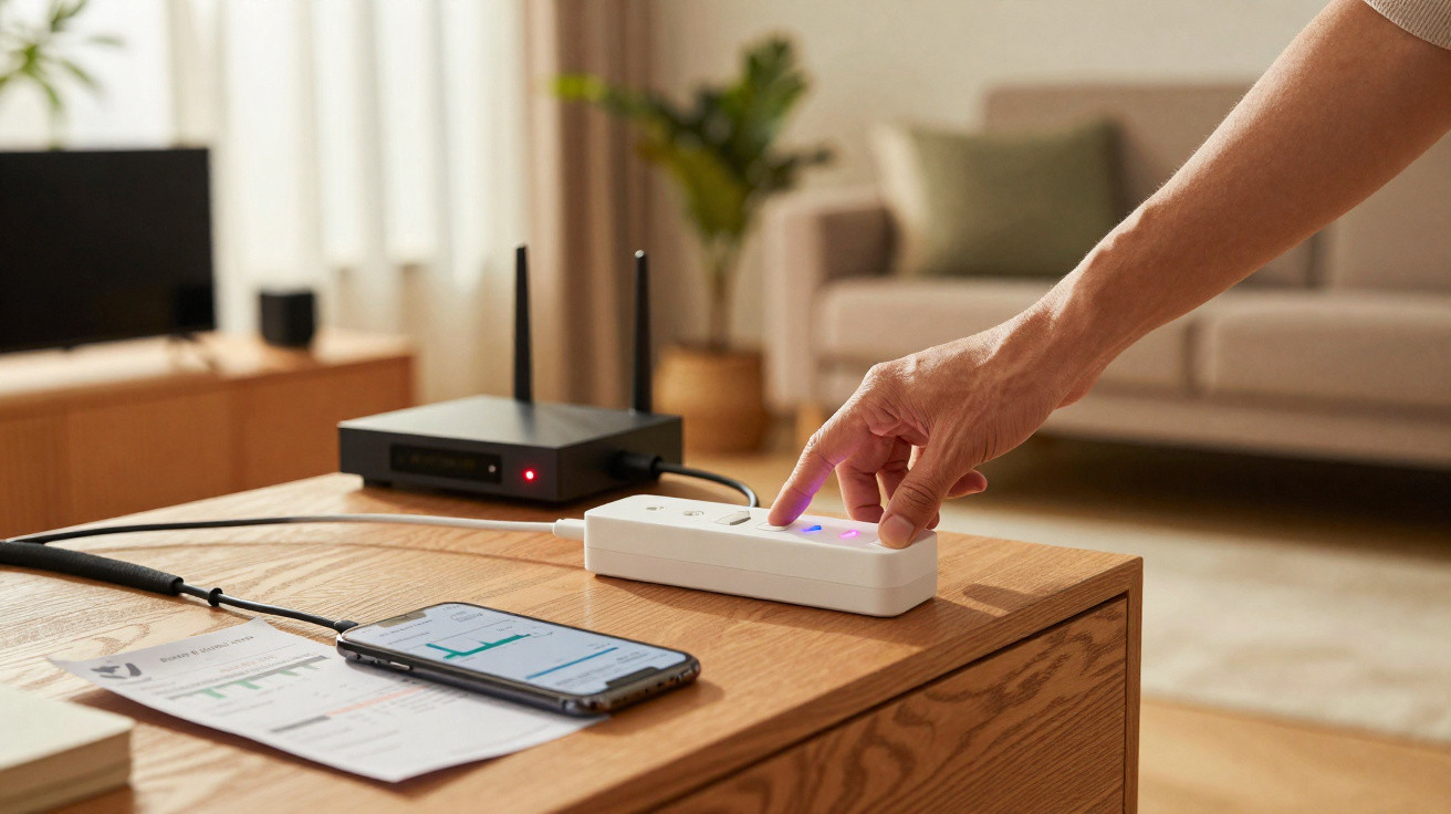 Hand drückt Smart-Home-Steckdose auf Holztisch mit Smartphone, WLAN-Router und Wohnzimmer im Hintergrund.