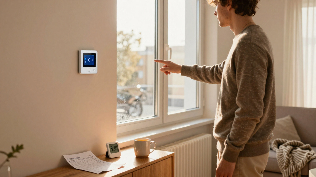Junger Mann stellt moderne digitale Heizungssteuerung an der Wand im hellen Wohnzimmer ein.