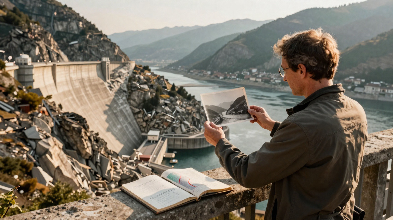 Mann betrachtet altes Foto einer Staumauer, Blick auf Fluss und Berge, Buch liegt auf Geländer.