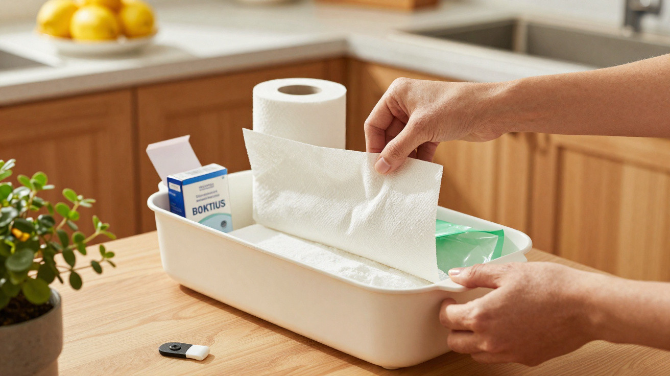 Hand nimmt Papiertaschentuch aus einer weißen Box auf Holzarbeitsplatte in moderner Küche.
