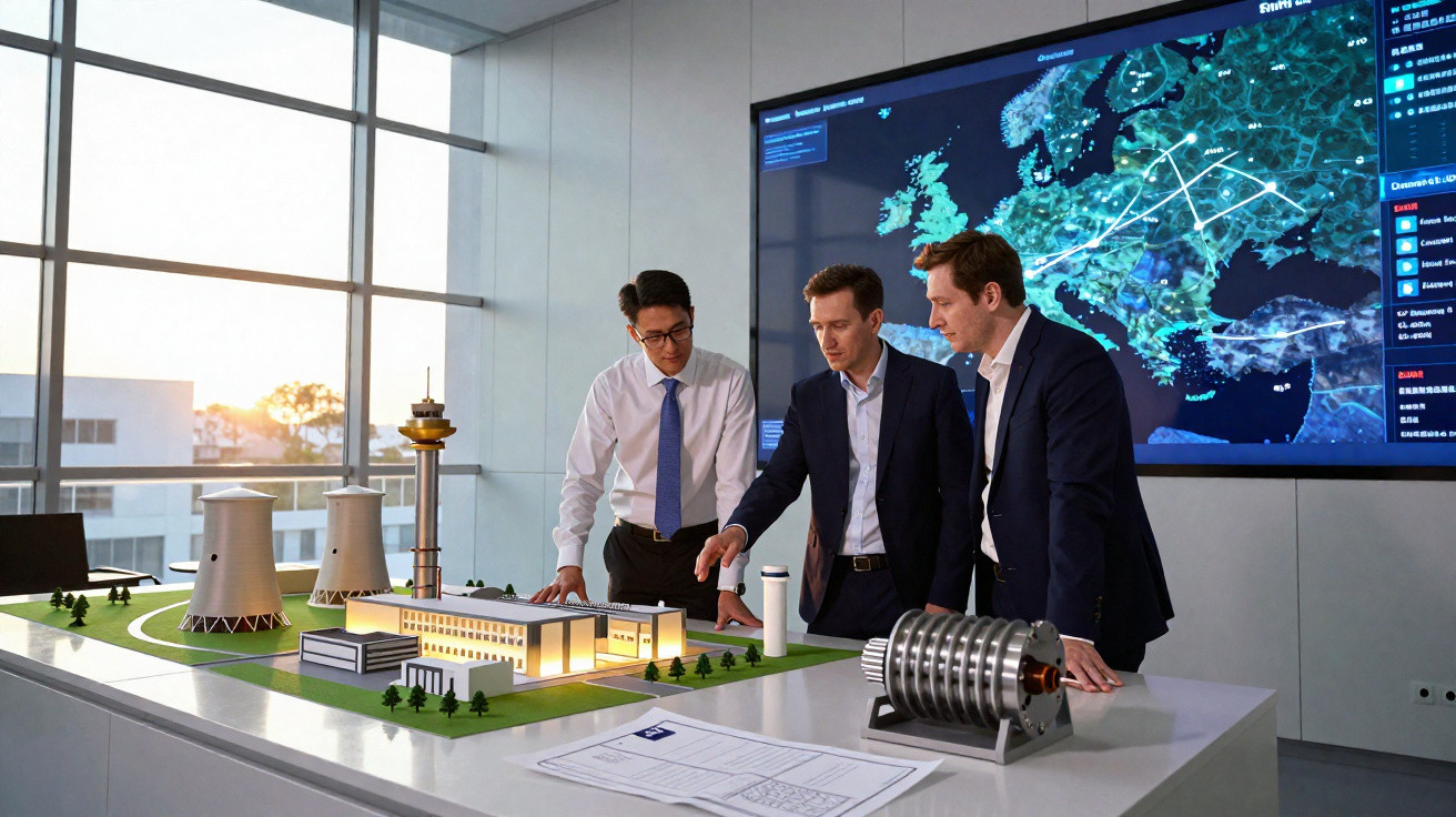 Drei Männer im Anzug besprechen Atomkraftwerk-Modell vor großer Bildschirmkarte Europas im modernen Büro.