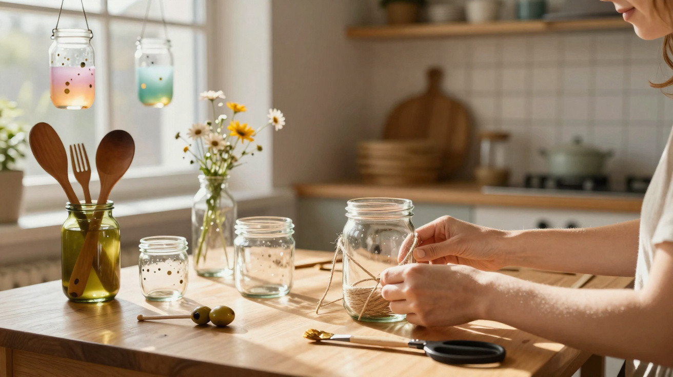 Frau bindet eine Schnur um ein Glas auf einem Holztisch in einer sonnendurchfluteten Küche mit Deko-Gläsern und Blumen.