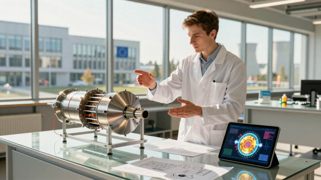 Wissenschaftler im weißen Kittel untersucht ein technisches Gerät mit digitalen Diagrammen im Labor.